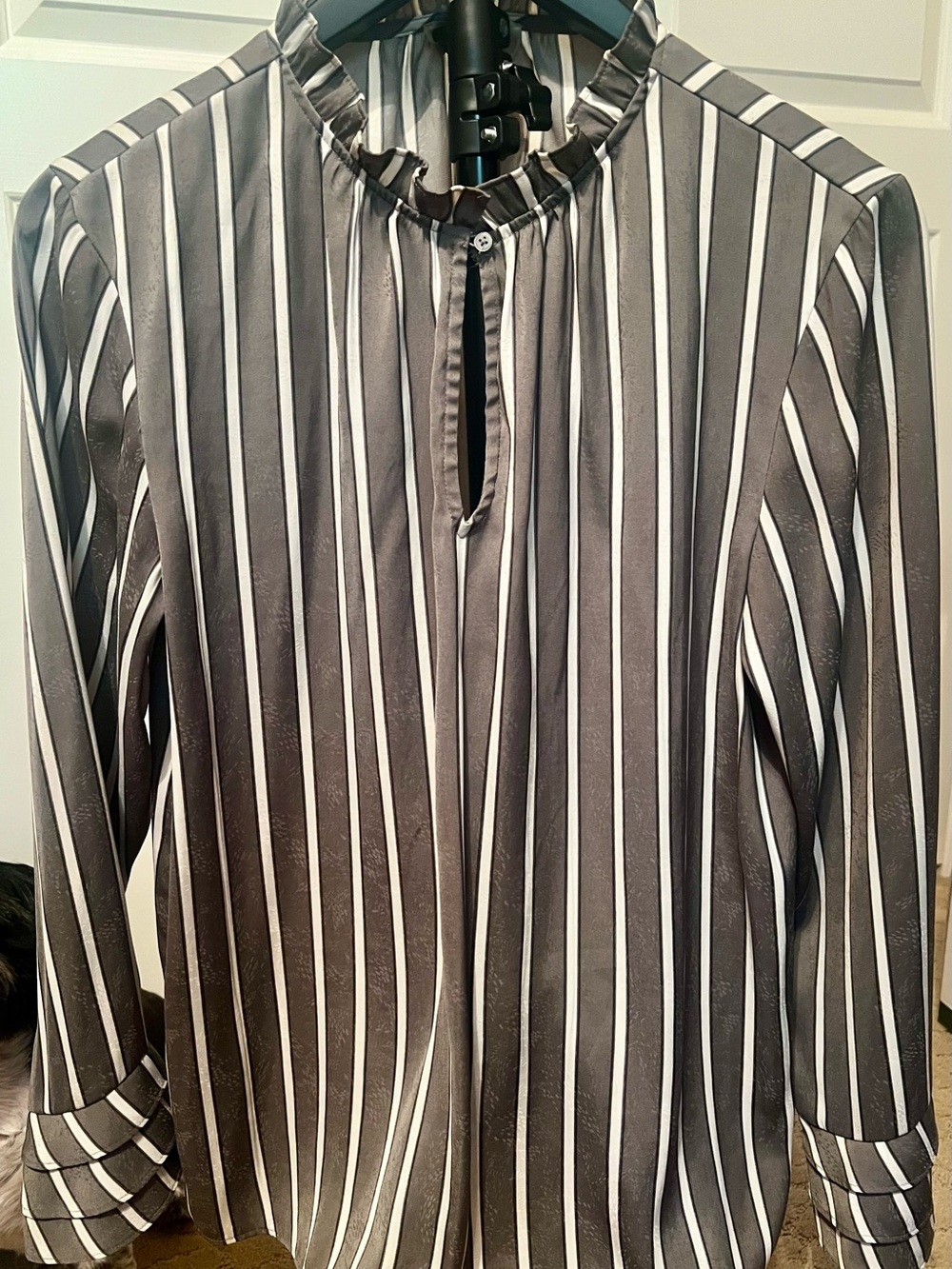 Woman’s Gray and White Vertical Stripe Blouse